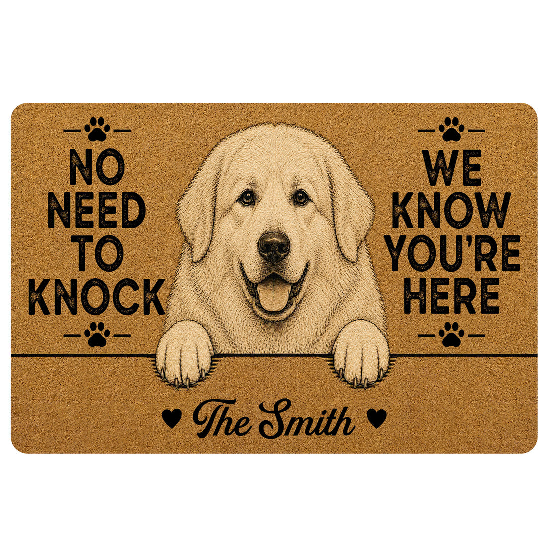Custom family name Great Pyrenees doormat with fluffy white livestock guardian dog peeking over a black line, friendly smiling face, paw print icons, natural tan coir-look printed background and funny No Need to Knock We Know You’re Here quote.