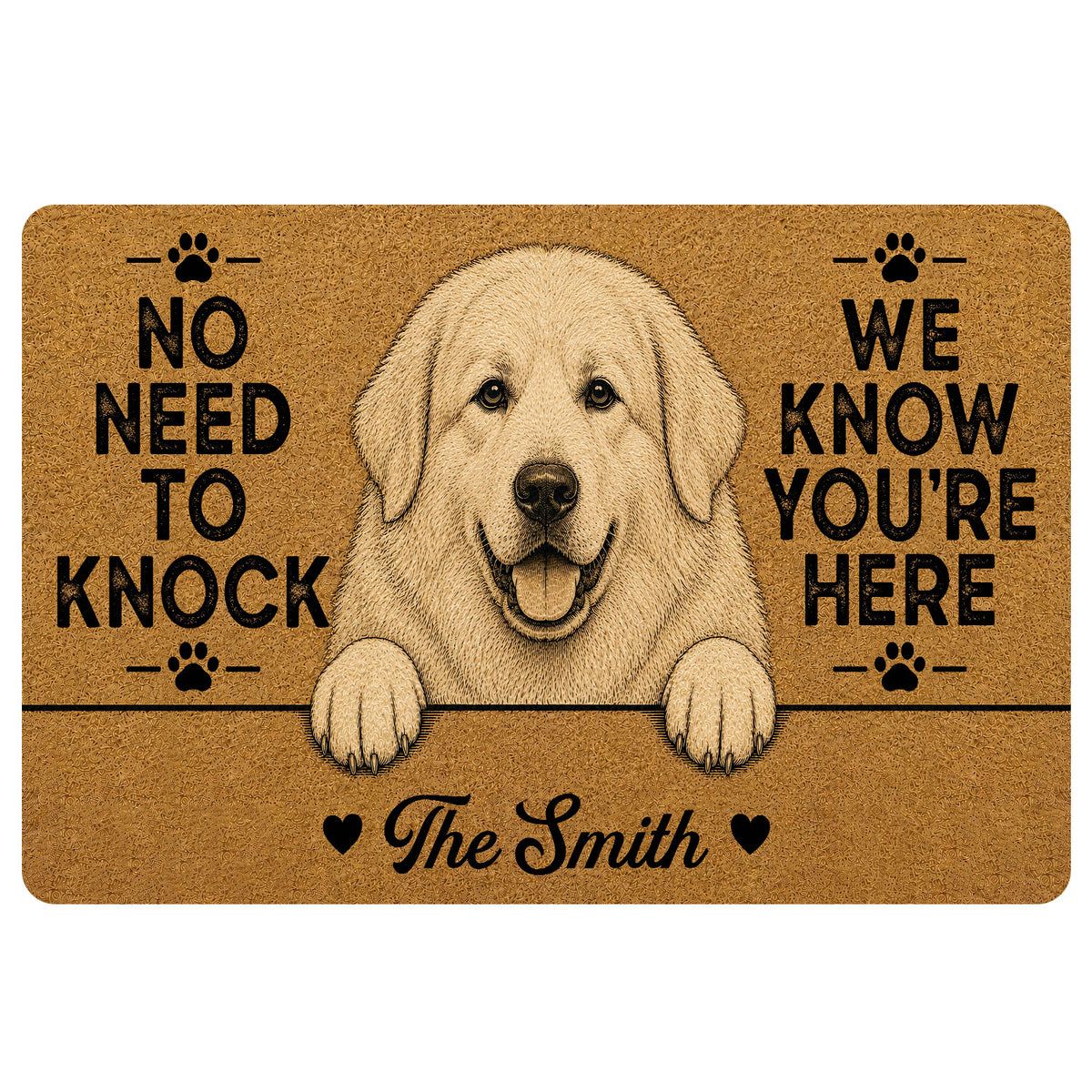 Custom family name Great Pyrenees doormat with fluffy white livestock guardian dog peeking over a black line, friendly smiling face, paw print icons, natural tan coir-look printed background and funny No Need to Knock We Know You’re Here quote.