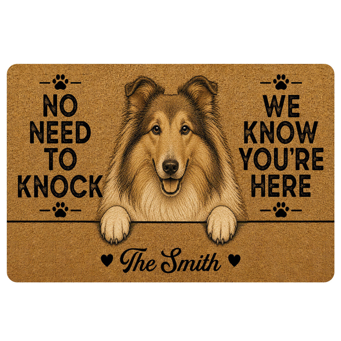 Rough Collie doormat artwork with a friendly dog portrait, paw prints, warm brown tones and bold welcome message