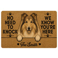 Rough Collie doormat artwork with a friendly dog portrait, paw prints, warm brown tones and bold welcome message
