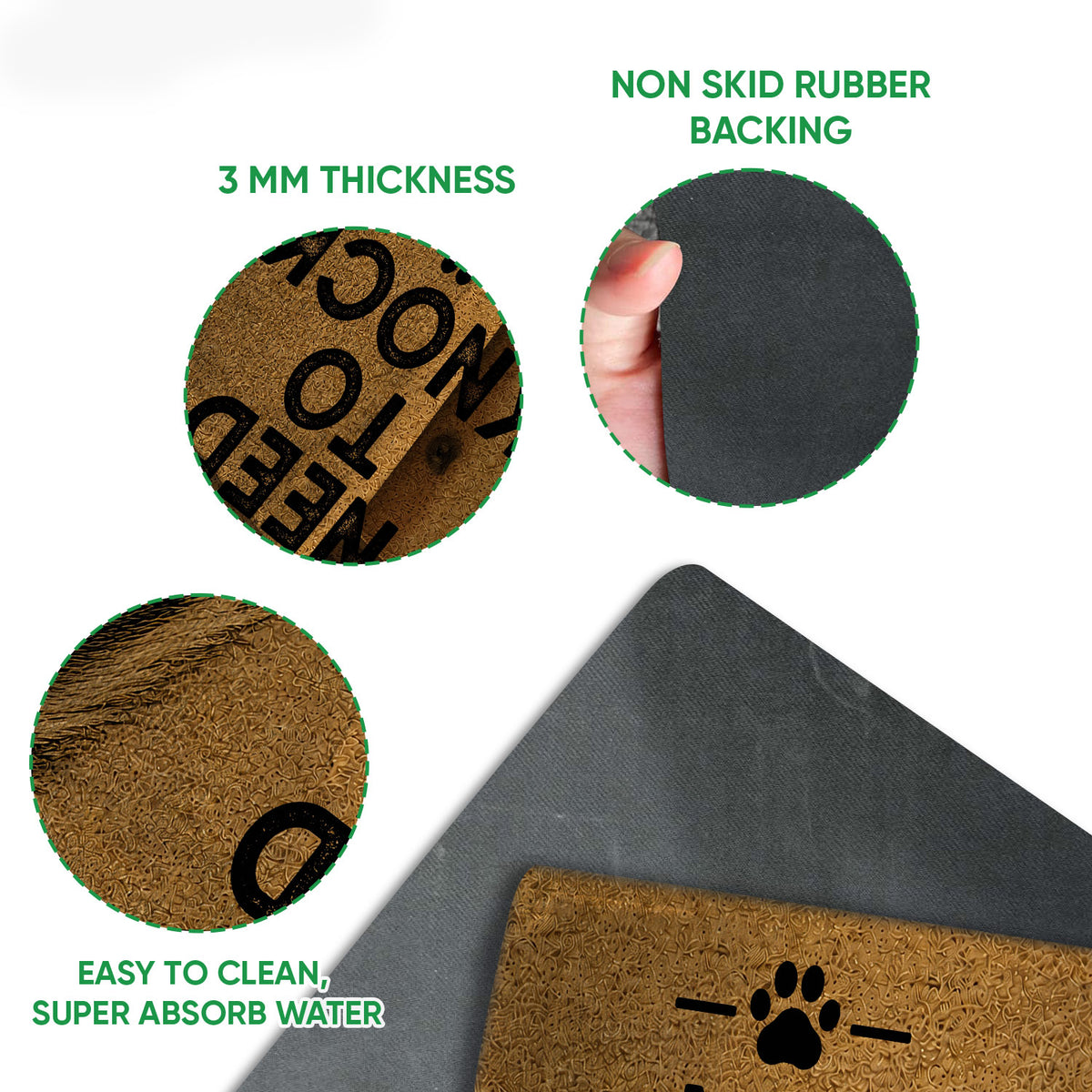 Rough Collie doormat detail showing the textured printed surface, rubber backing and slim profile