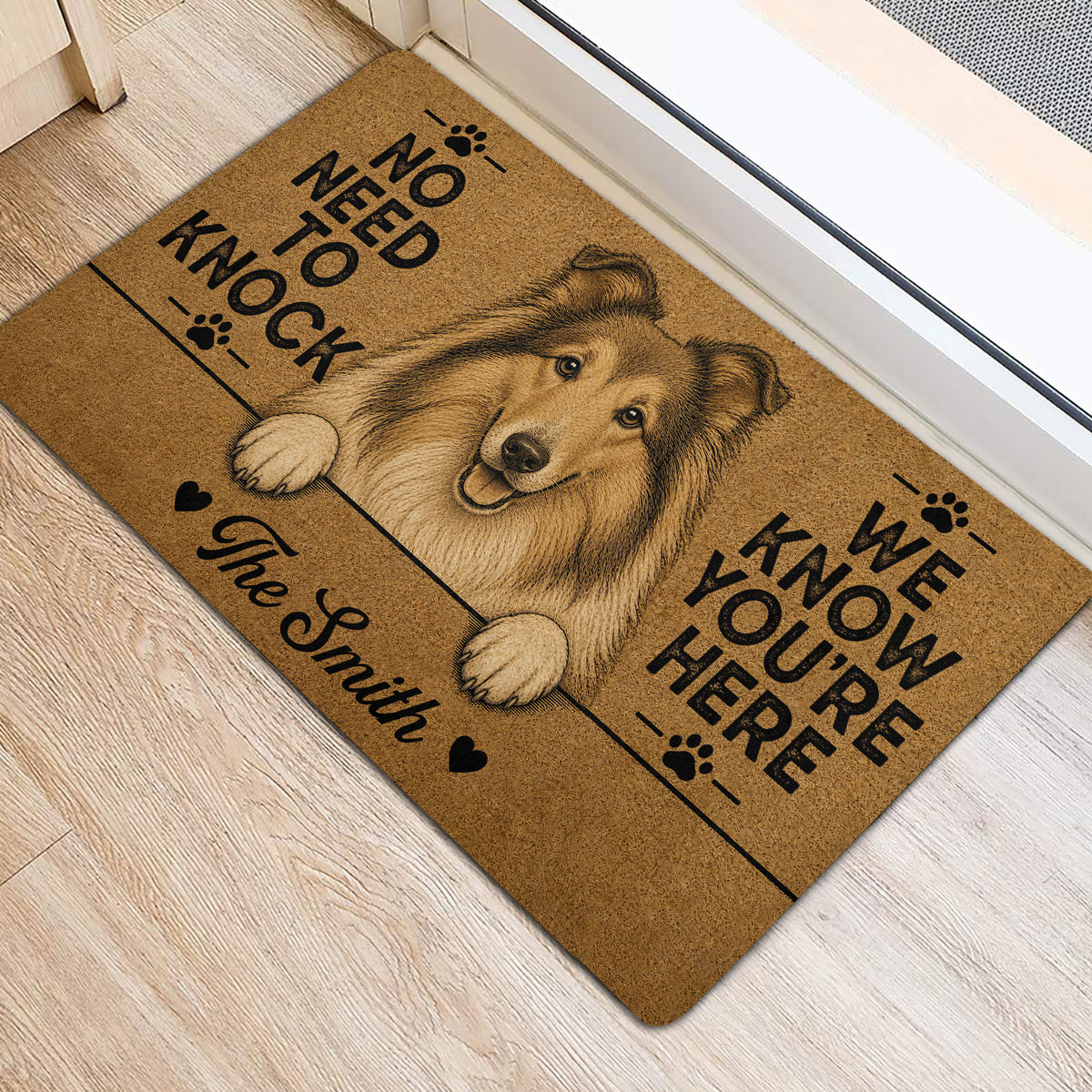 Rough Collie door mat styled at an entrance with a detailed dog portrait, paw prints and bold lettering