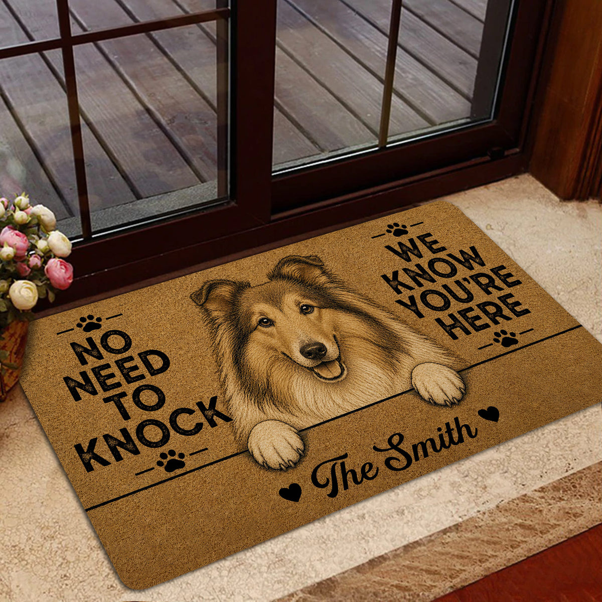 Rough Collie doormat shown near a glass entry door with a friendly portrait and paw print accents