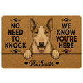 Sepia Bull Terrier doormat with paw prints, bold welcome message, hearts and decorative entryway artwork