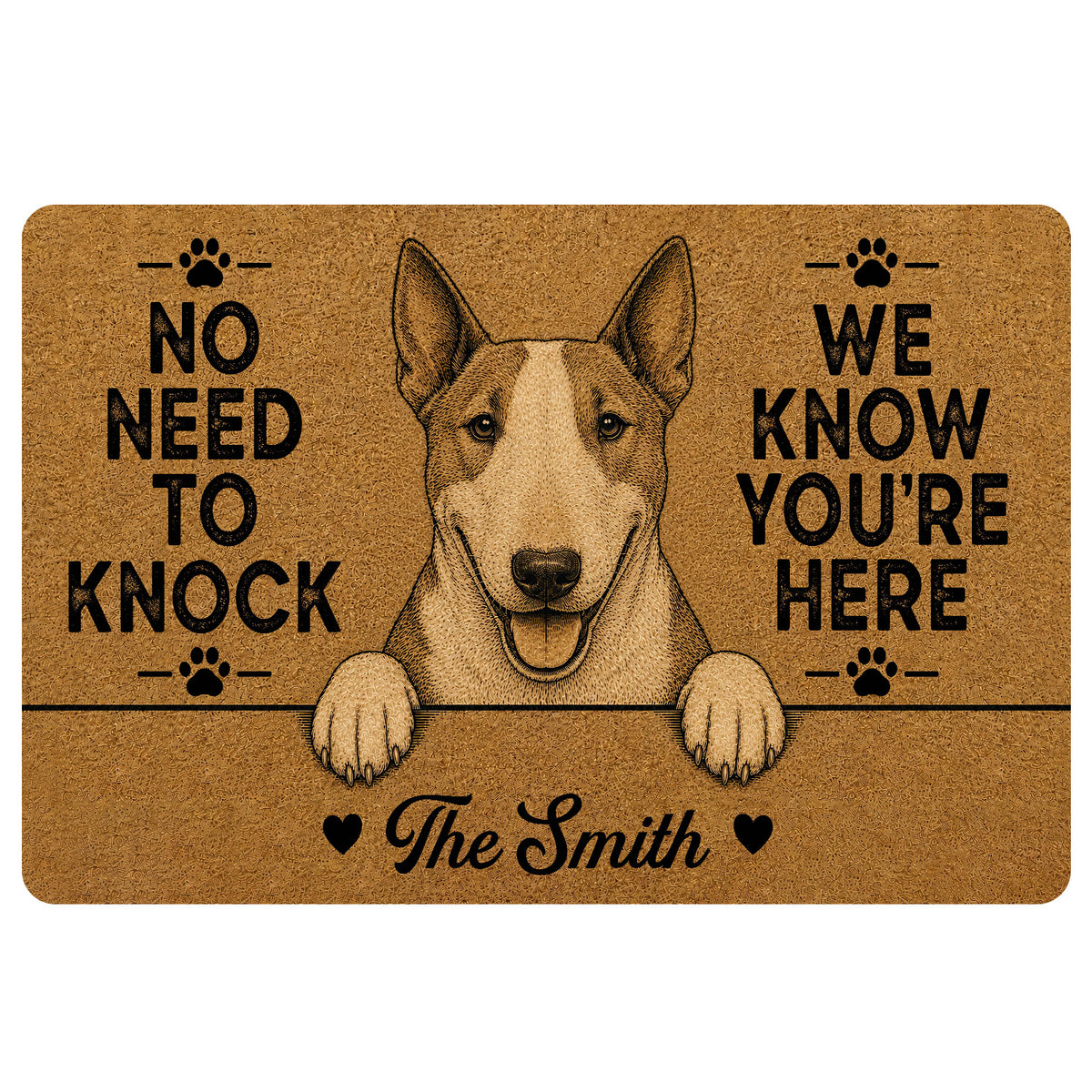 Sepia Bull Terrier doormat with paw prints, bold welcome message, hearts and decorative entryway artwork