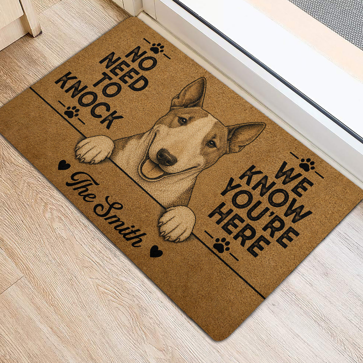 Bull Terrier door mat styled at an indoor entrance with paw-print graphics and bold lettering