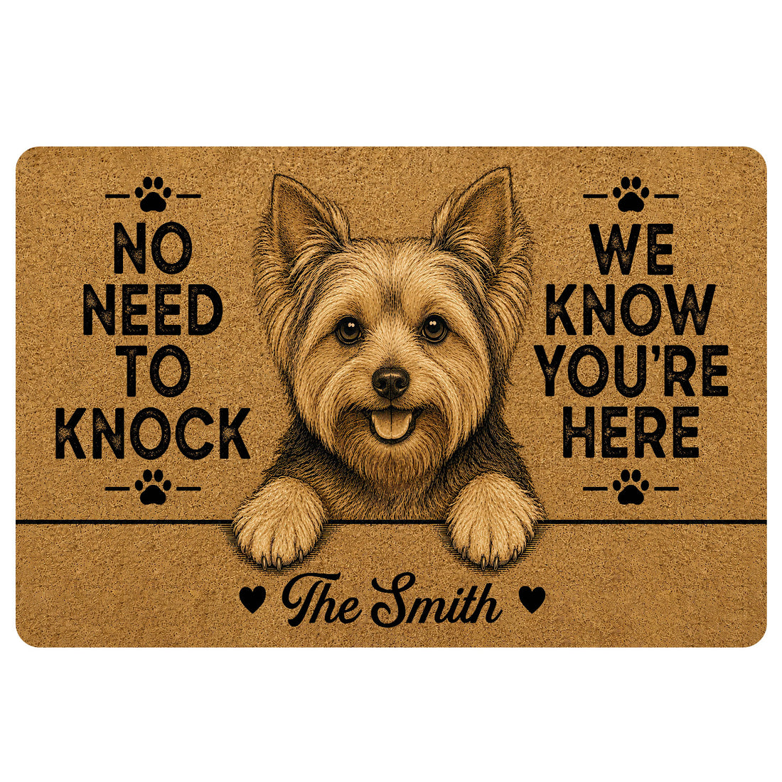 Tan Yorkie doormat with a cheerful Yorkshire Terrier portrait, paw prints and playful front-door message