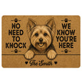 Tan Yorkie doormat with a cheerful Yorkshire Terrier portrait, paw prints and playful front-door message