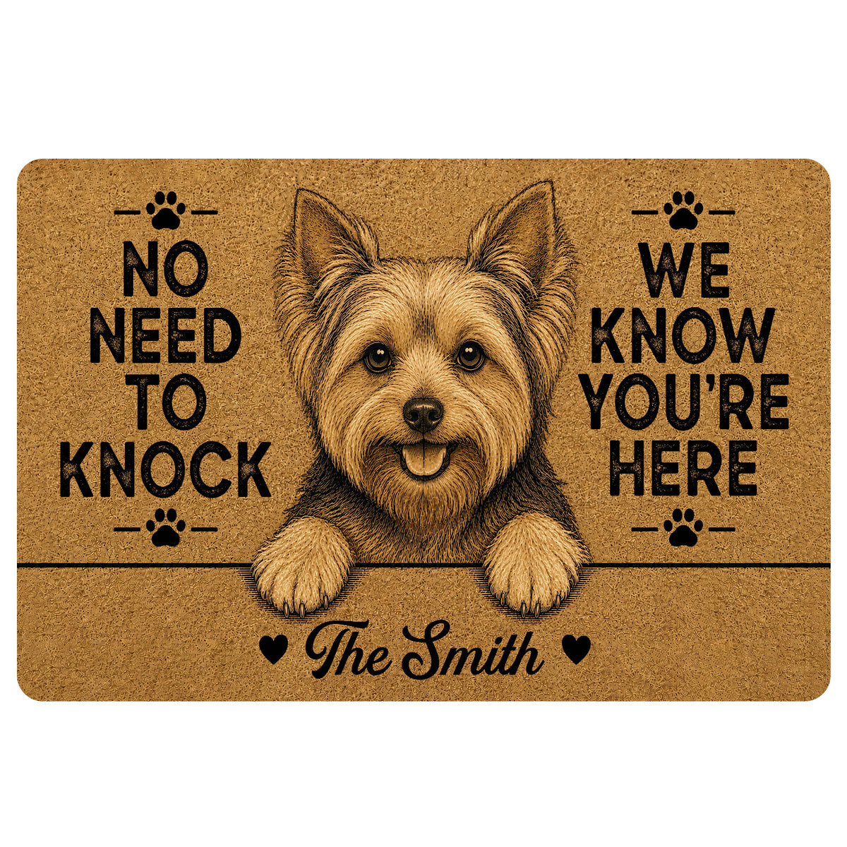 Tan Yorkie doormat with a cheerful Yorkshire Terrier portrait, paw prints and playful front-door message