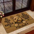 Yorkie welcome mat styled inside a glass doorway with a smiling terrier portrait and black lettering