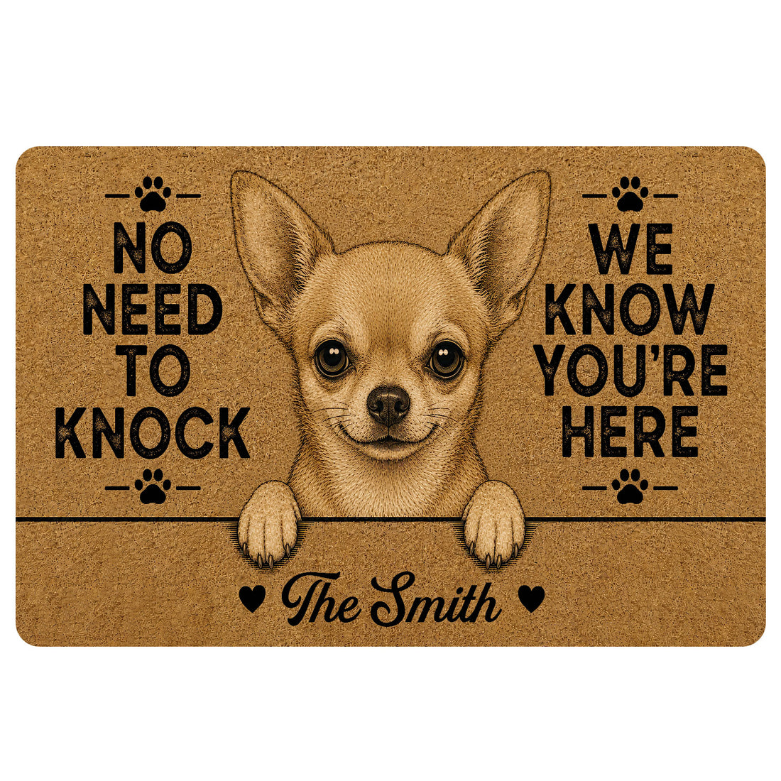 Tan Chihuahua doormat with paw prints, playful welcome message, hearts, and a detailed dog portrait