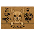 Tan Chihuahua doormat with paw prints, playful welcome message, hearts, and a detailed dog portrait