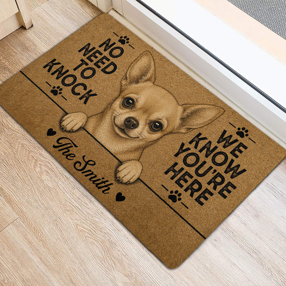 Chihuahua welcome mat styled at an entryway with a tan dog portrait, paw prints, and bold black lettering