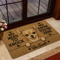 Chihuahua door mat placed inside a glass entry door with a warm brown dog portrait and welcome artwork