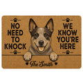 Australian Cattle Dog doormat with paw prints, warm brown artwork, humorous entryway message and family name area
