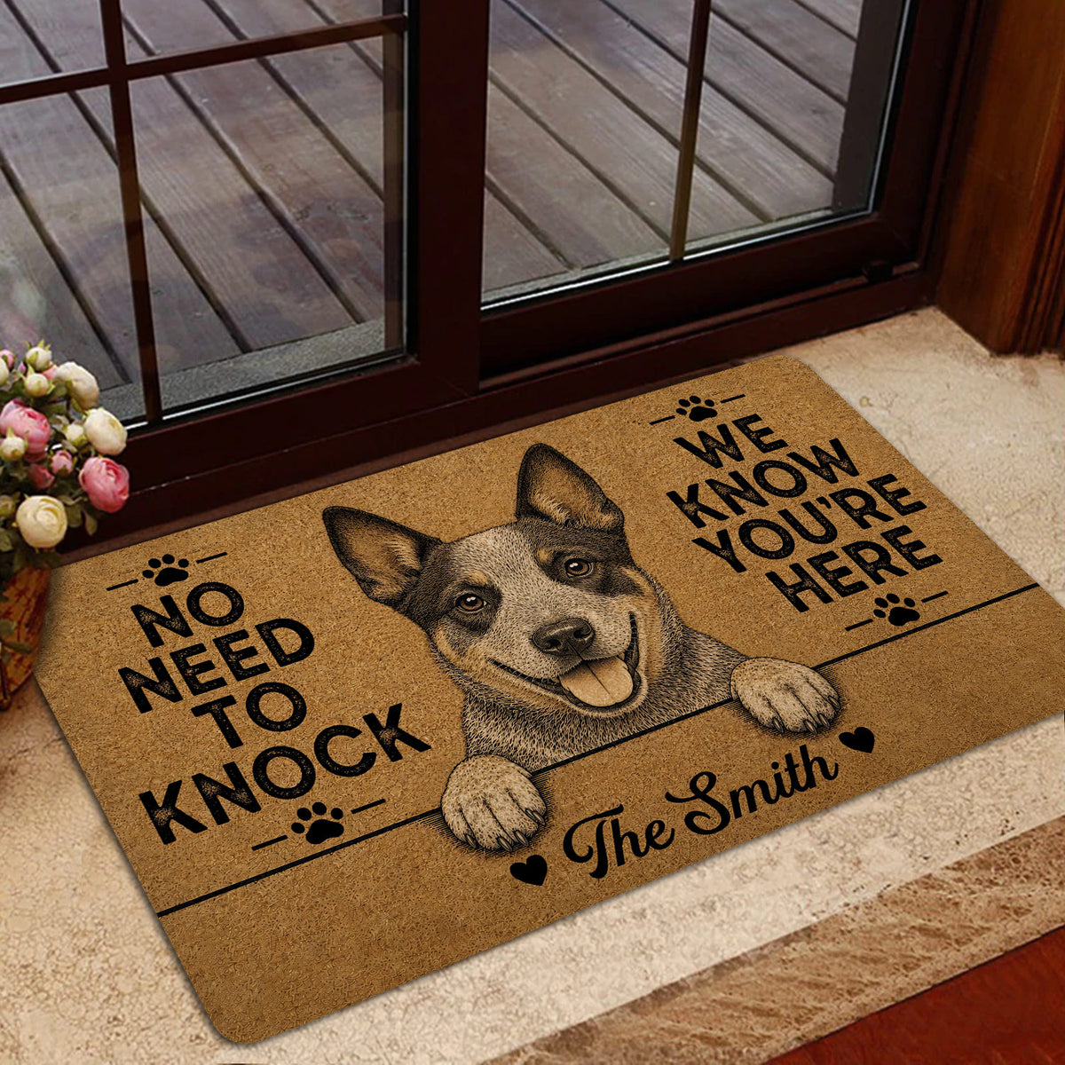 Australian Cattle Dog doormat styled inside a glass doorway with a warm brown dog portrait and playful welcome artwork