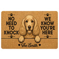 English Cocker Spaniel doormat with paw prints, playful entryway message, and warm tan artwork