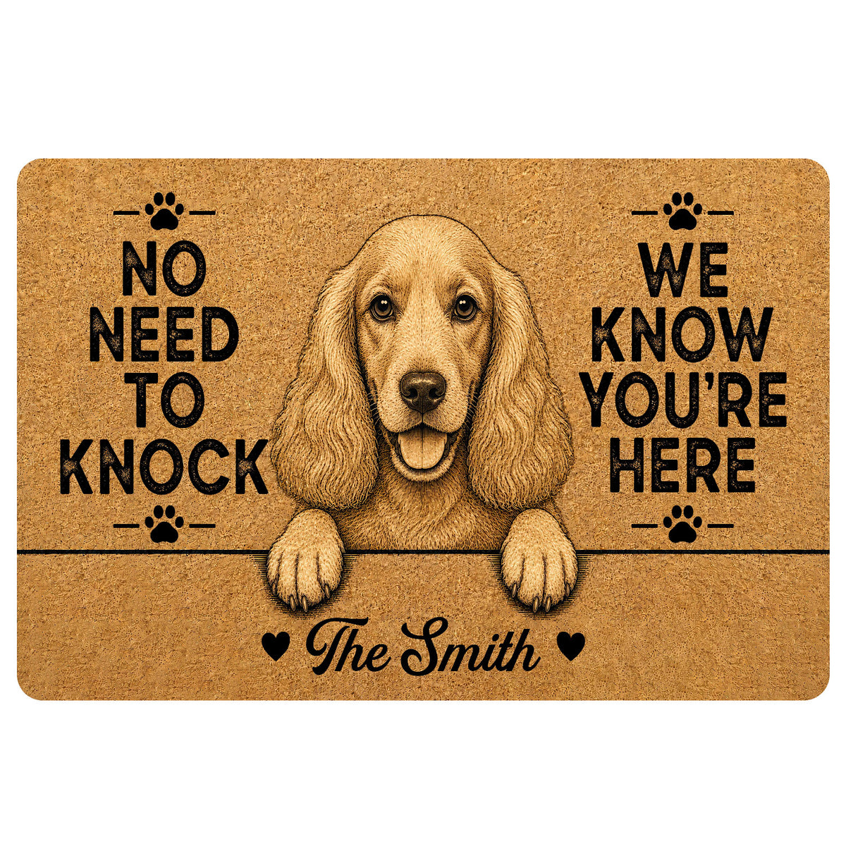 English Cocker Spaniel doormat with paw prints, playful entryway message, and warm tan artwork