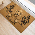 Cocker Spaniel welcome mat styled at an indoor doorway on light wood flooring