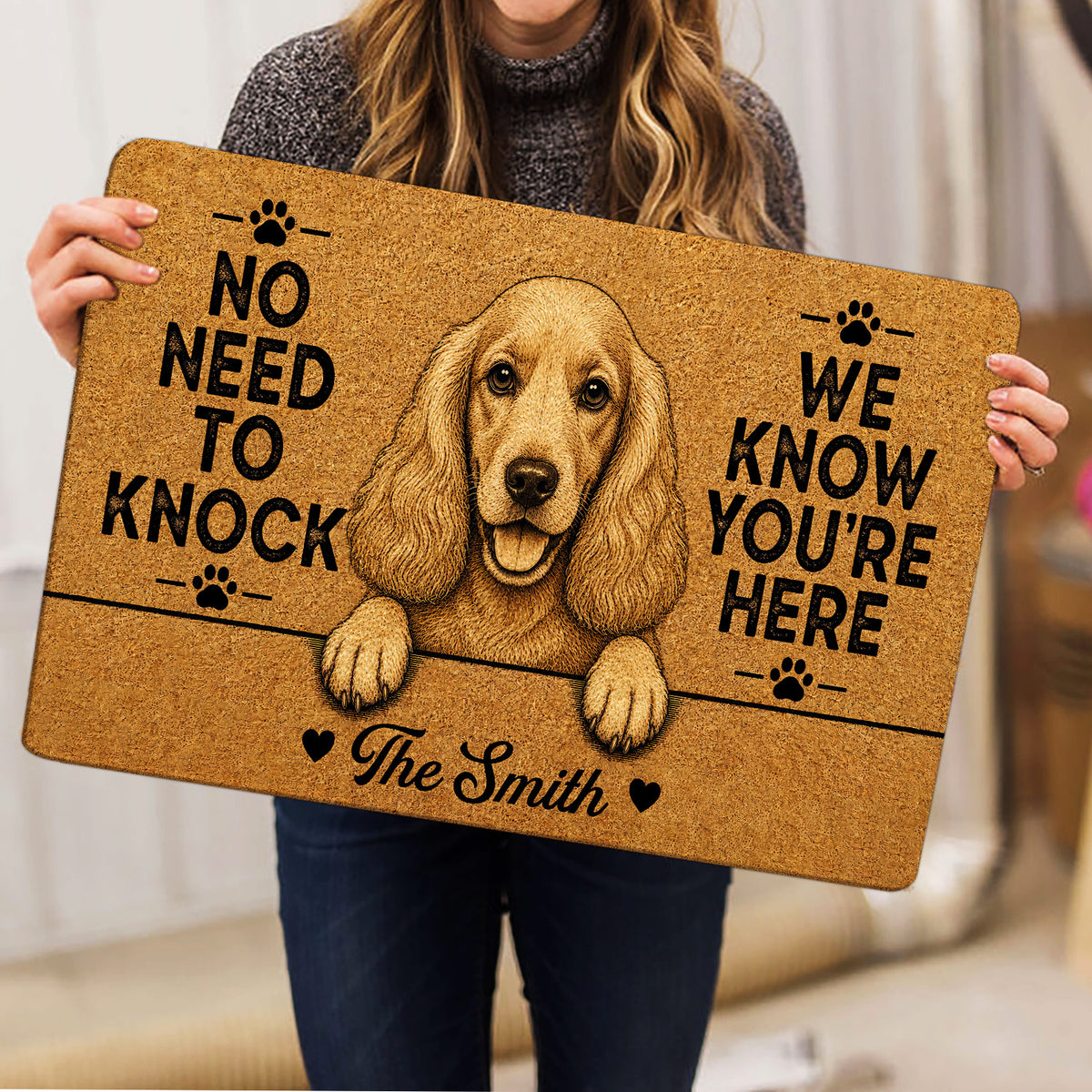 Person holding a tan Cocker Spaniel doormat with bold black lettering and paw prints