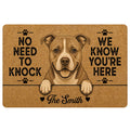 American Staffordshire doormat with a sepia dog portrait, paw prints, and a playful front-door message