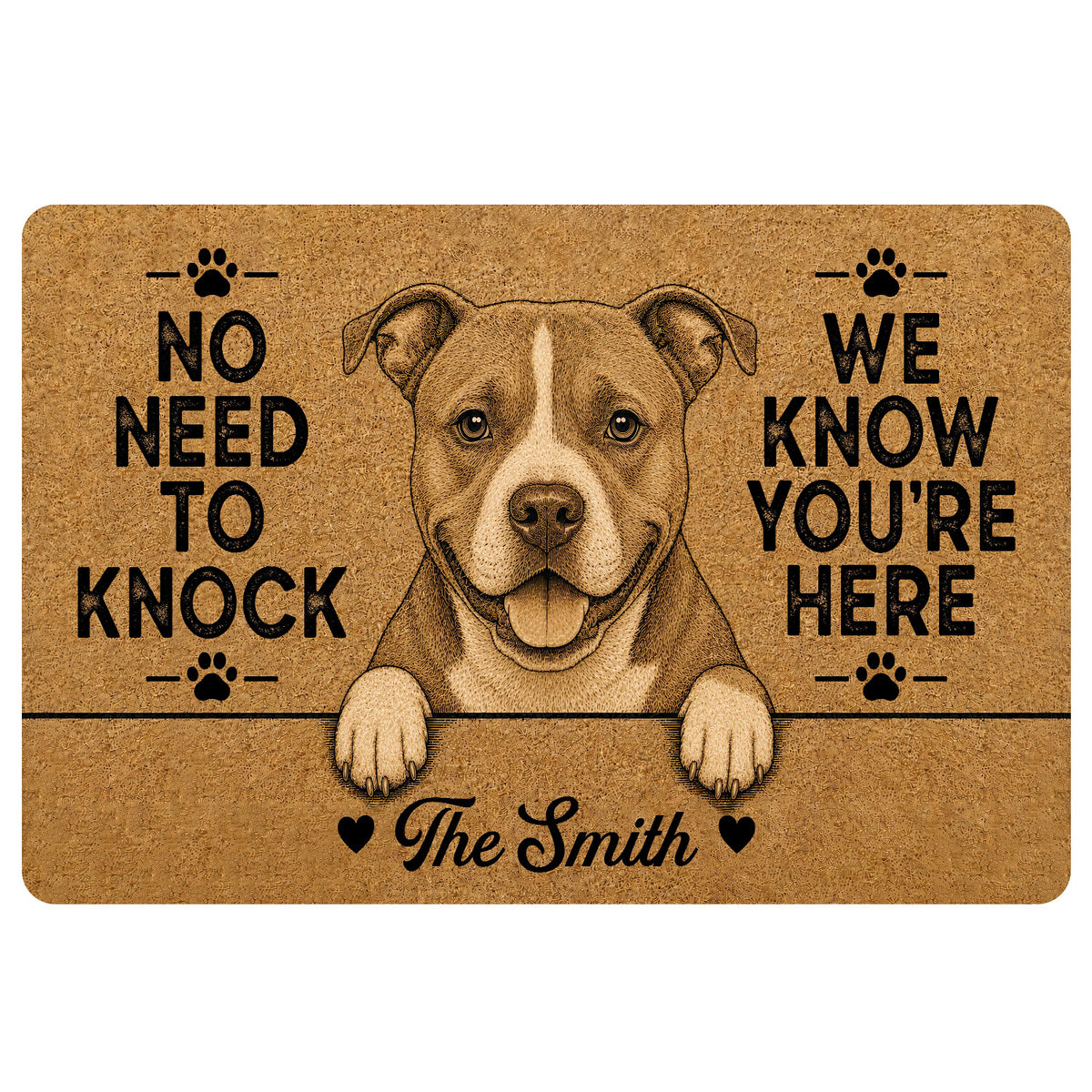American Staffordshire doormat with a sepia dog portrait, paw prints, and a playful front-door message
