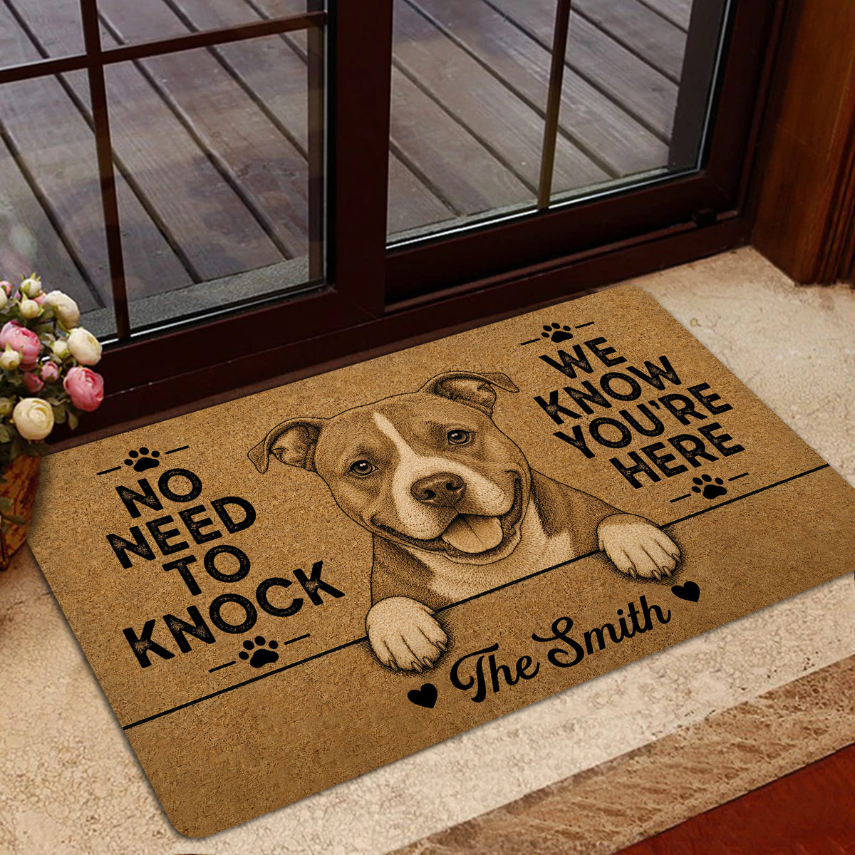 American Staffordshire entryway mat styled near a glass door with a sepia dog illustration and welcome message