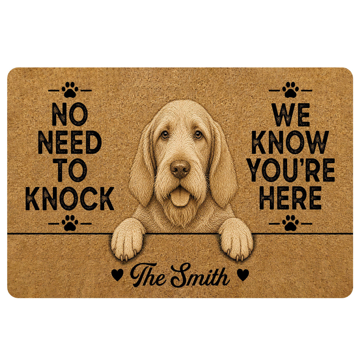 Spinone Italiano doormat with a sepia wire-haired dog portrait, paw prints and playful entryway lettering