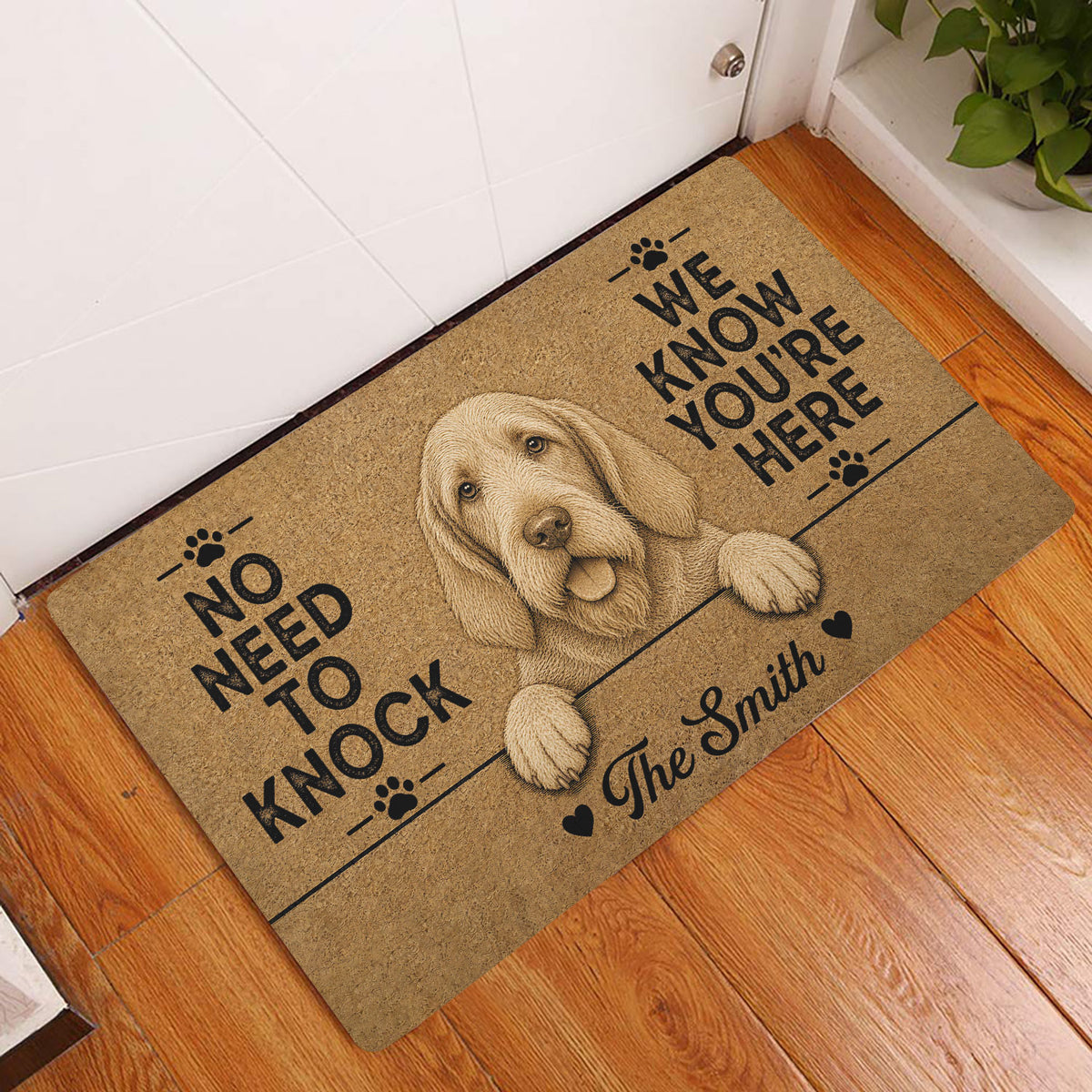 Spinone Italiano entryway rug displayed by a white door on hardwood flooring with a sepia dog design