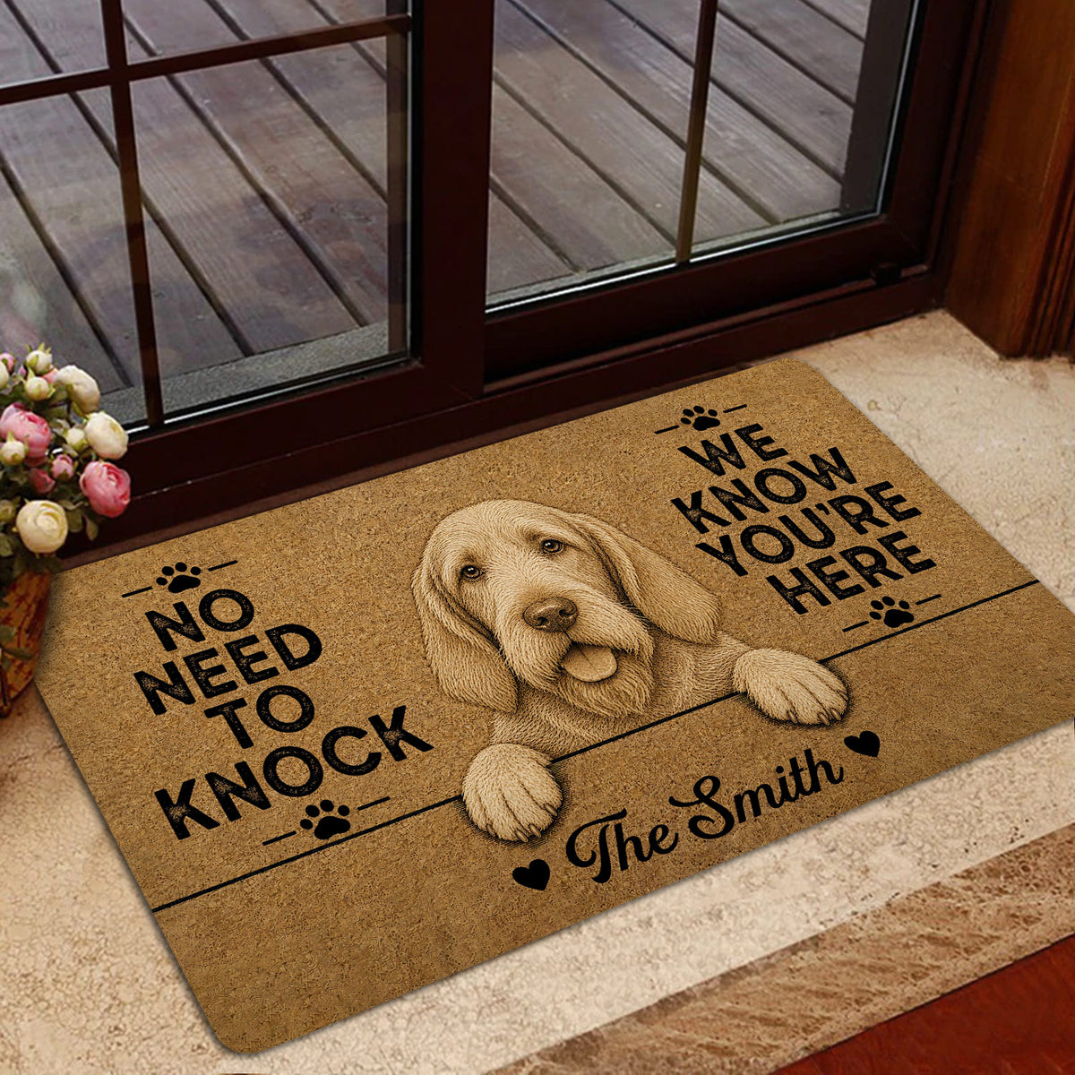 Spinone Italiano doormat presented inside a glass doorway with a warm sepia dog portrait and playful design