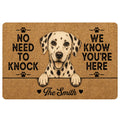 Dalmatian doormat with a spotted dog illustration, paw prints and a playful welcome message