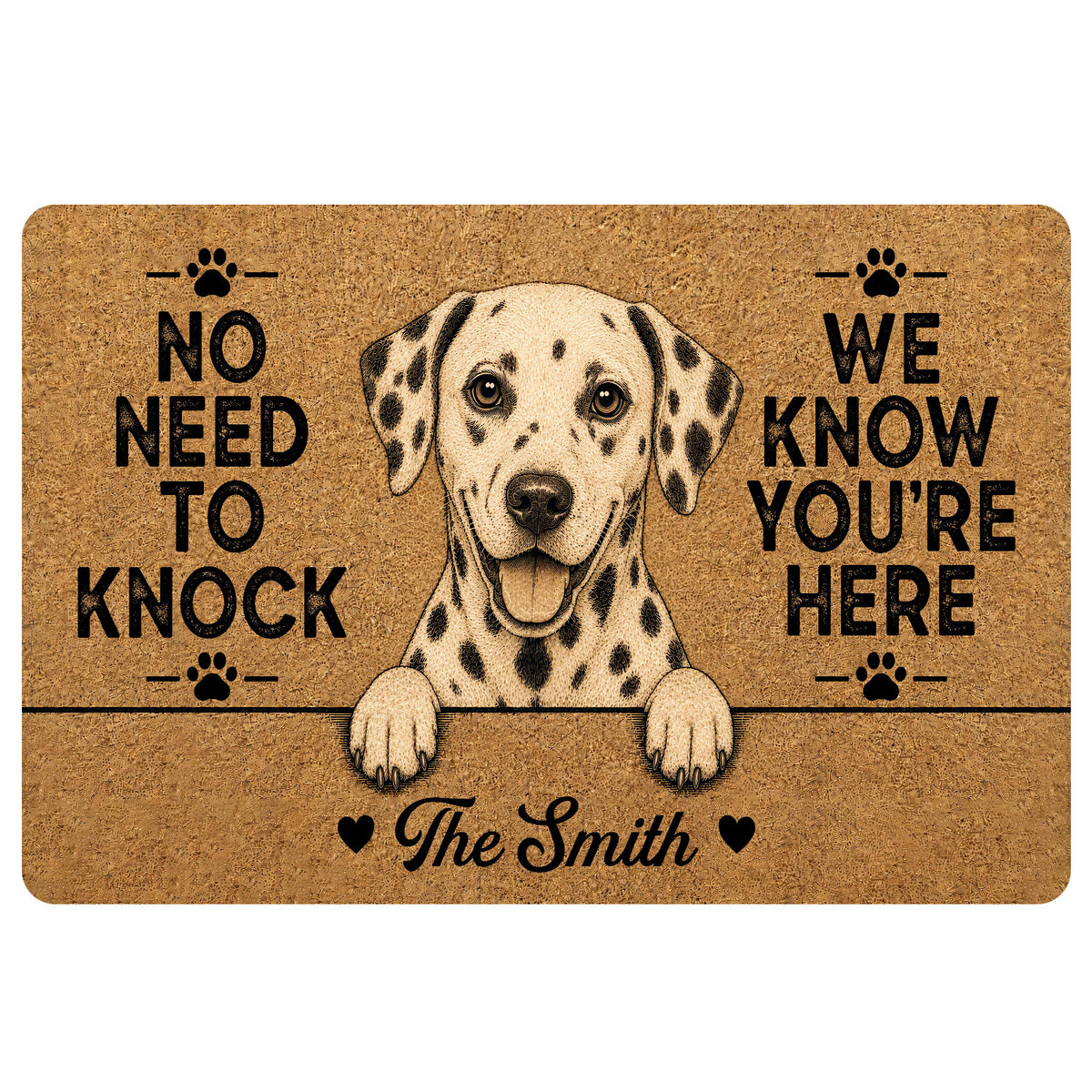 Dalmatian doormat with a spotted dog illustration, paw prints and a playful welcome message