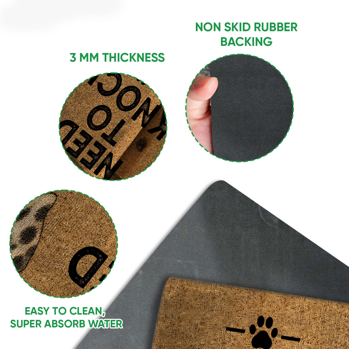 Dalmatian doormat detail showing the printed felt surface, rubber backing and easy-clean construction
