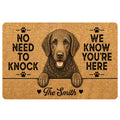 Curly Coated Retriever doormat with a detailed dog portrait, paw prints, warm tan artwork and welcome lettering