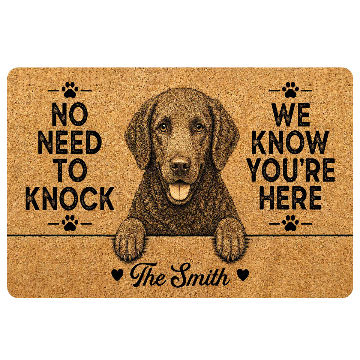 Curly Coated Retriever doormat with a detailed dog portrait, paw prints, warm tan artwork and welcome lettering