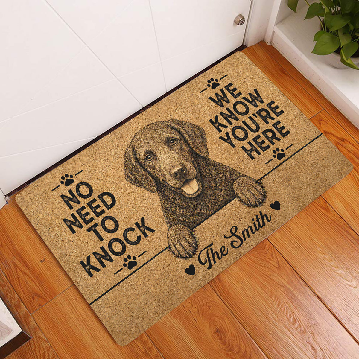 Curly Coated Retriever doormat styled at an indoor entryway beside a white door and wood flooring