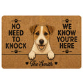 Jack Russell terrier doormat with paw prints, warm brown artwork and playful welcome lettering