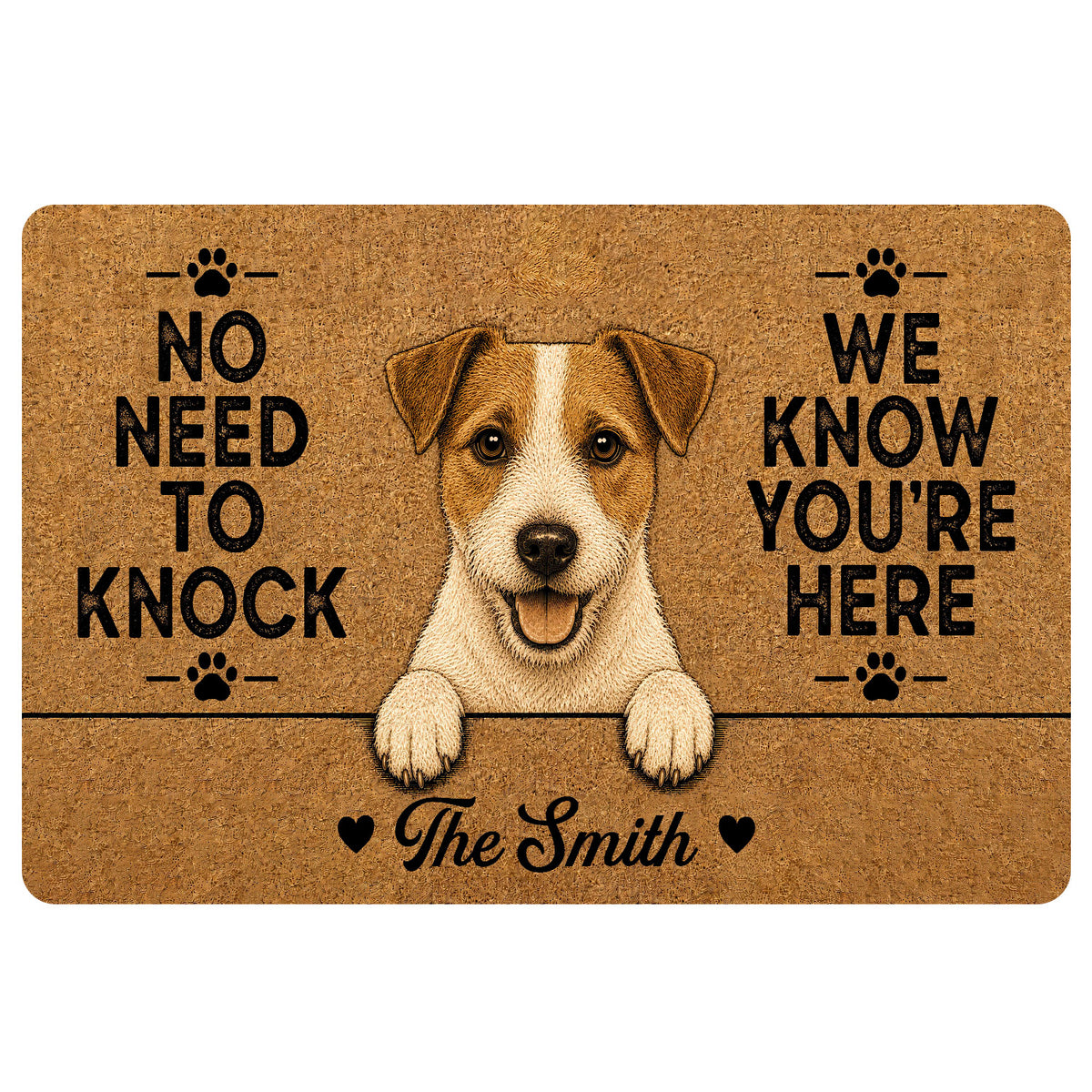 Jack Russell terrier doormat with paw prints, warm brown artwork and playful welcome lettering