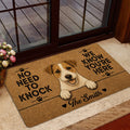 Jack Russell welcome mat styled inside a home entrance near a glass door and indoor plants