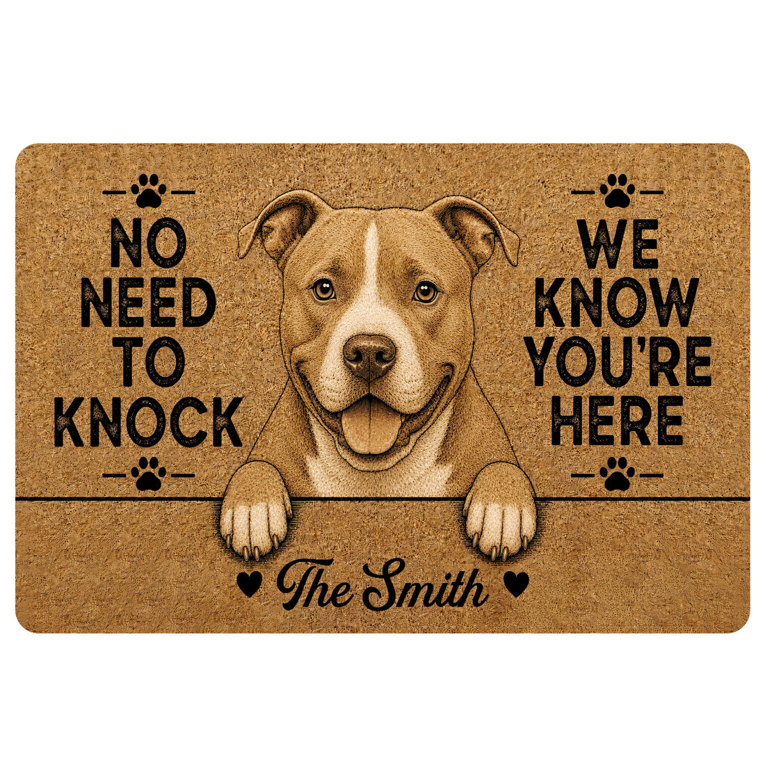 Pitbull doormat featuring a friendly brown-and-white dog portrait, paw prints, and a playful entryway message
