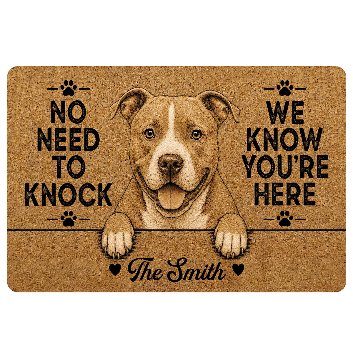 Pitbull doormat featuring a friendly brown-and-white dog portrait, paw prints, and a playful entryway message
