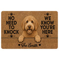 Labradoodle doormat with a warm brown dog portrait, paw prints, and playful welcome lettering