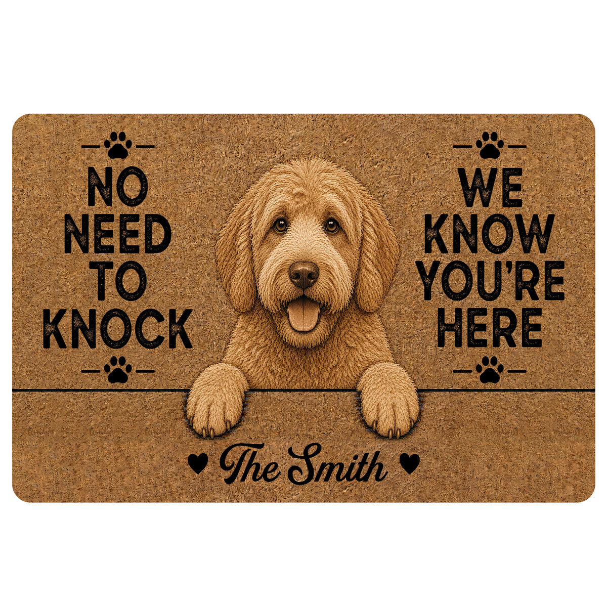 Labradoodle doormat with a warm brown dog portrait, paw prints, and playful welcome lettering
