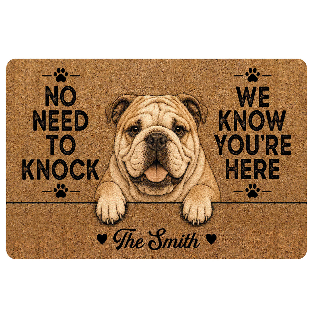 English Bulldog doormat with a tan dog portrait, paw prints, bold lettering, and a family-style entryway design