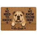 English Bulldog doormat with a tan dog portrait, paw prints, bold lettering, and a family-style entryway design