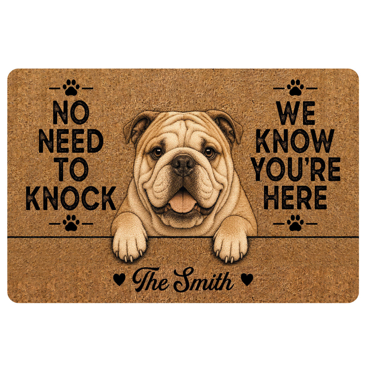 English Bulldog doormat with a tan dog portrait, paw prints, bold lettering, and a family-style entryway design