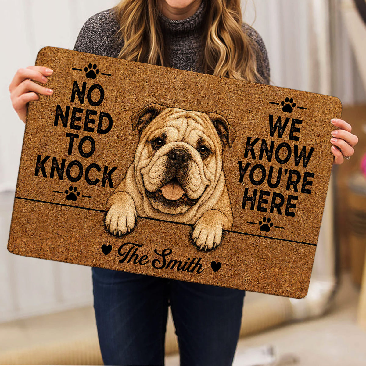 Person holding an English Bulldog doormat featuring a detailed dog portrait, paw prints, and bold black lettering
