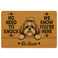 Shih Tzu doormat with a warm brown background, paw prints, playful welcome message and dog portrait