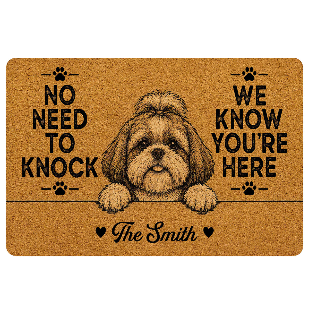 Shih Tzu doormat with a warm brown background, paw prints, playful welcome message and dog portrait