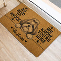Shih Tzu entryway mat shown on light wood flooring with a playful dog portrait and paw prints
